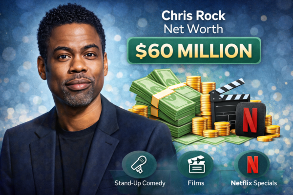 A portrait of Chris Rock with "Net Worth $60 Million" text.