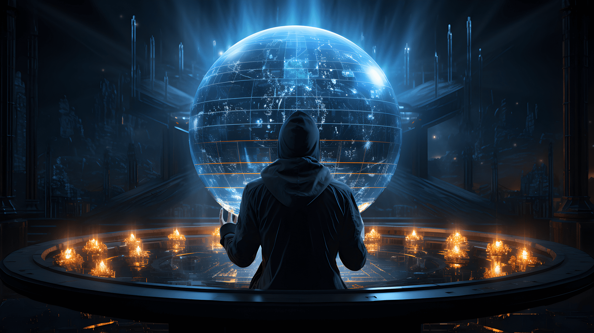 A silhouette of a person looking at a glowing holographic globe.