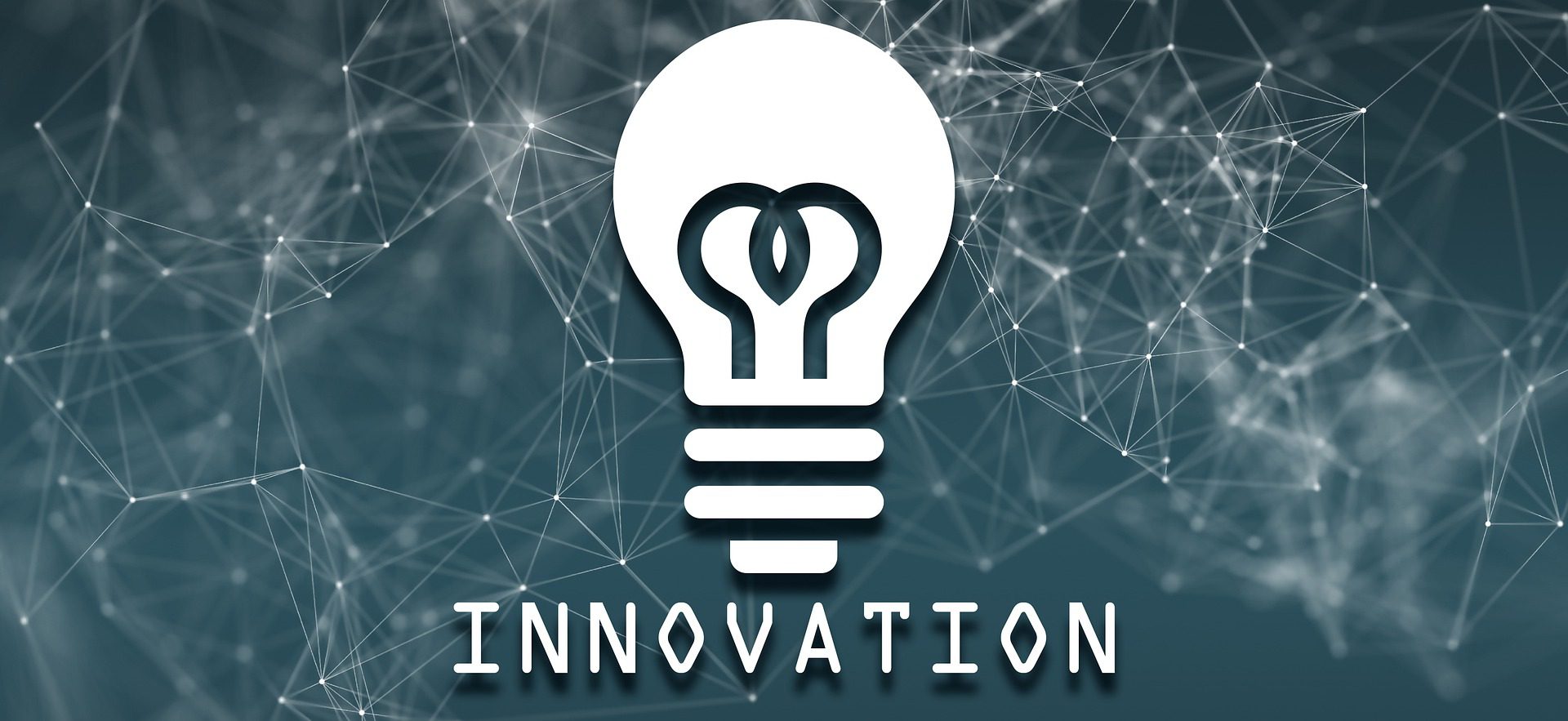 A lightbulb icon with the word "INNOVATION" on a grey network background.