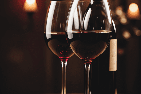 Two glasses of red wine standing on a table in a dimly lit room.