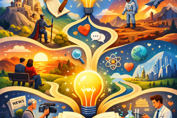 A colorful, surreal illustration of a brain, lightbulb, and books.