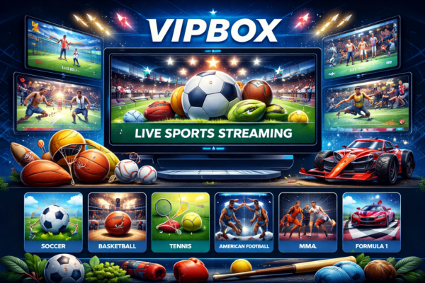 A digital billboard for "Vipbox" live sports streaming with stadium lighting.