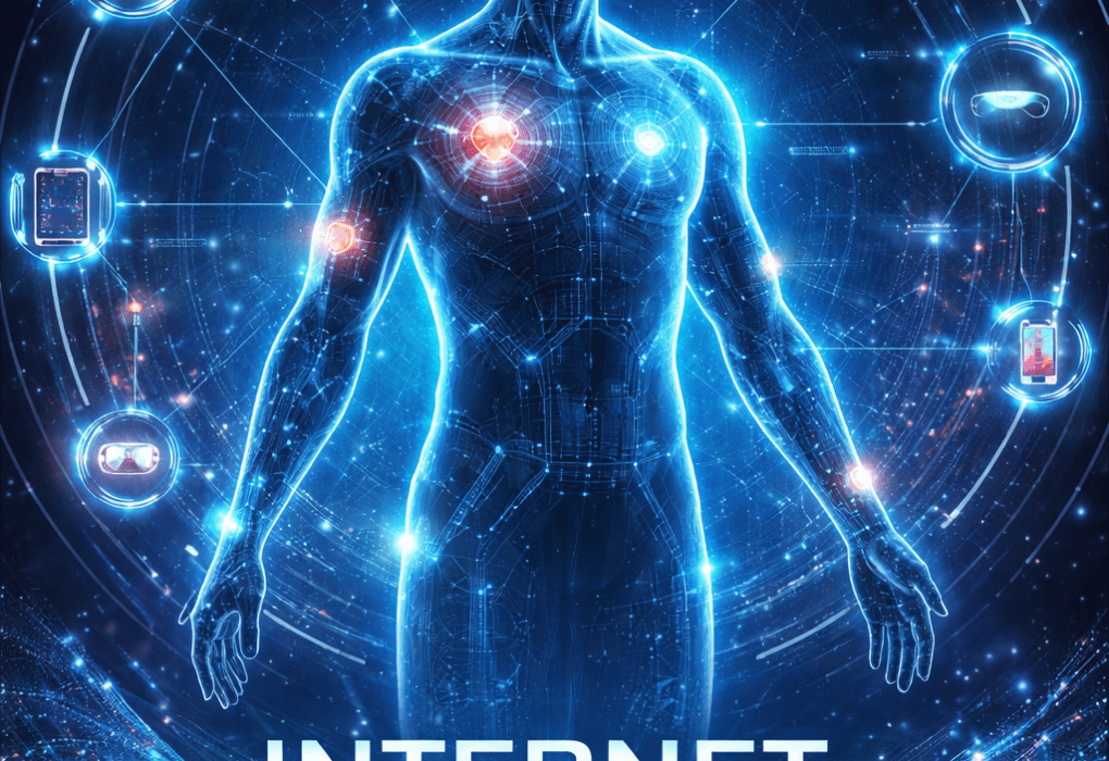 A digital blue silhouette of a human body with glowing data points.