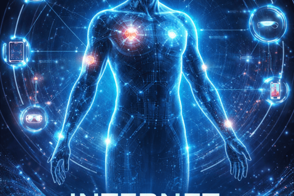 A digital blue silhouette of a human body with glowing data points.