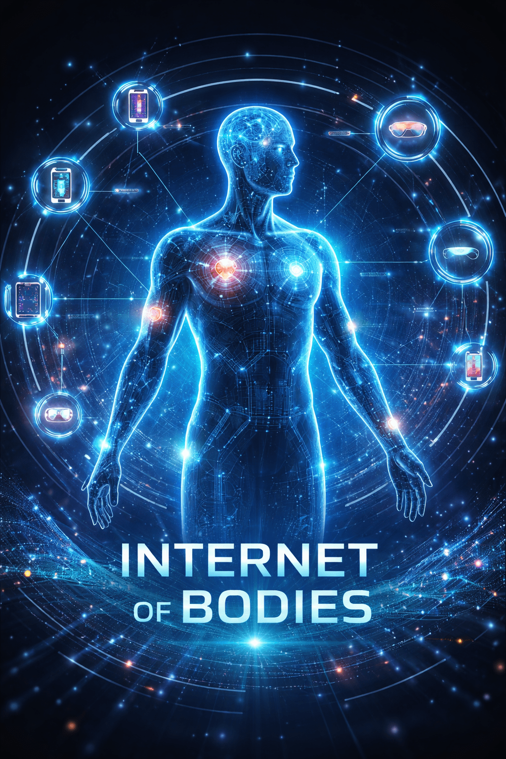 A digital blue silhouette of a human body with glowing data points.