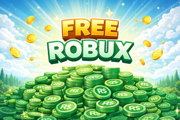 A promotional image showing piles of green Robux coins with "Free Robux" text.