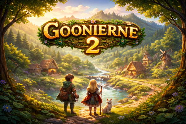 A fantasy-style poster showing children in a lush green valley titled "Goonierne 2".