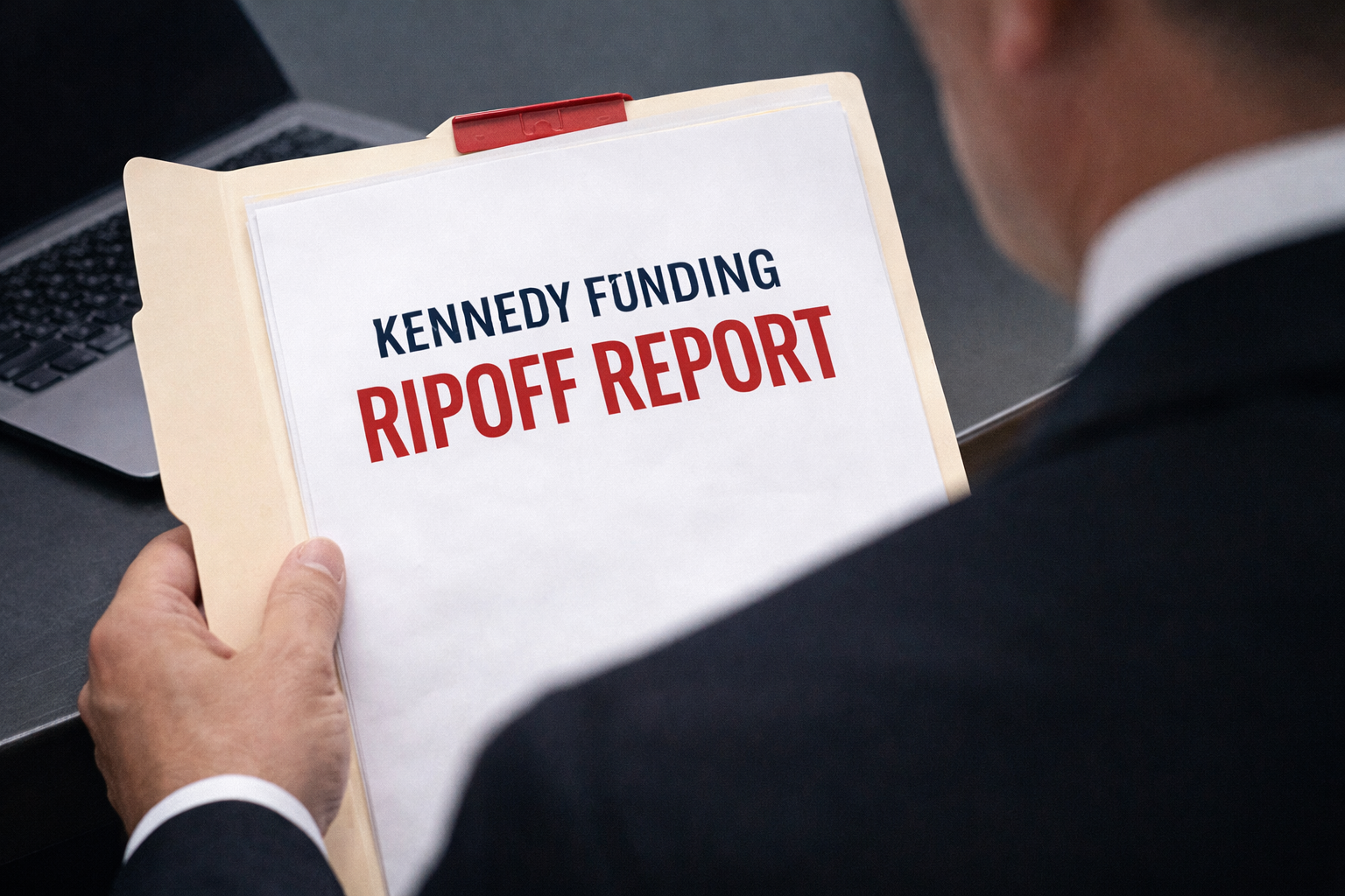 A person holding a document titled "Kennedy Funding Ripoff Report".