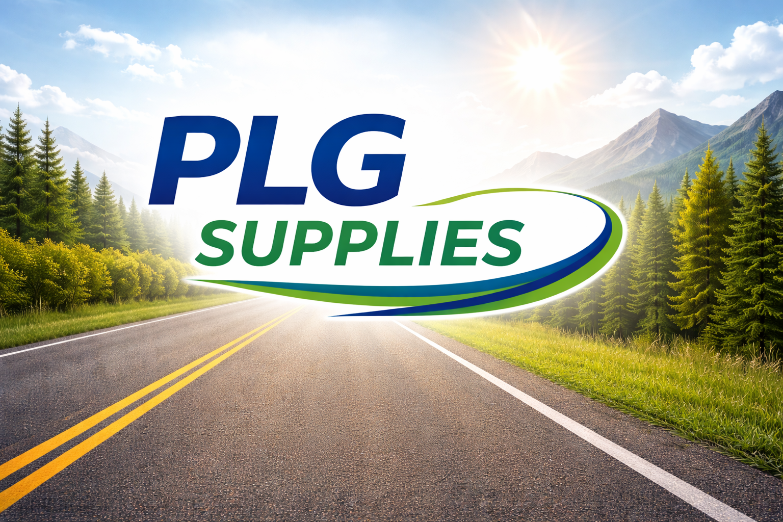 A logo for "PLG Supplies" overlaying a highway road leading to mountains.