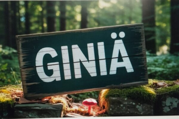 A wooden sign in a forest that reads "GINIÄ" in white letters.