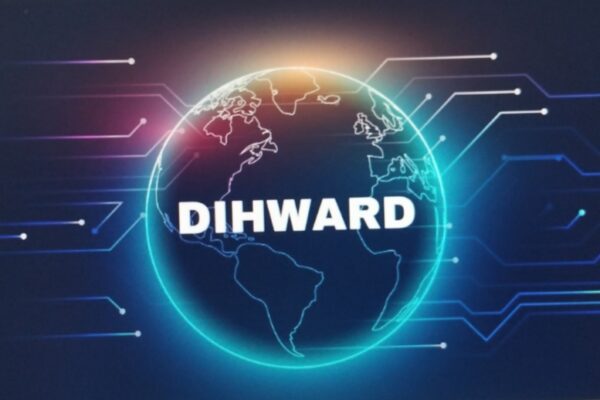 A digital globe surrounded by a neon ring with the text "DIHWARD".