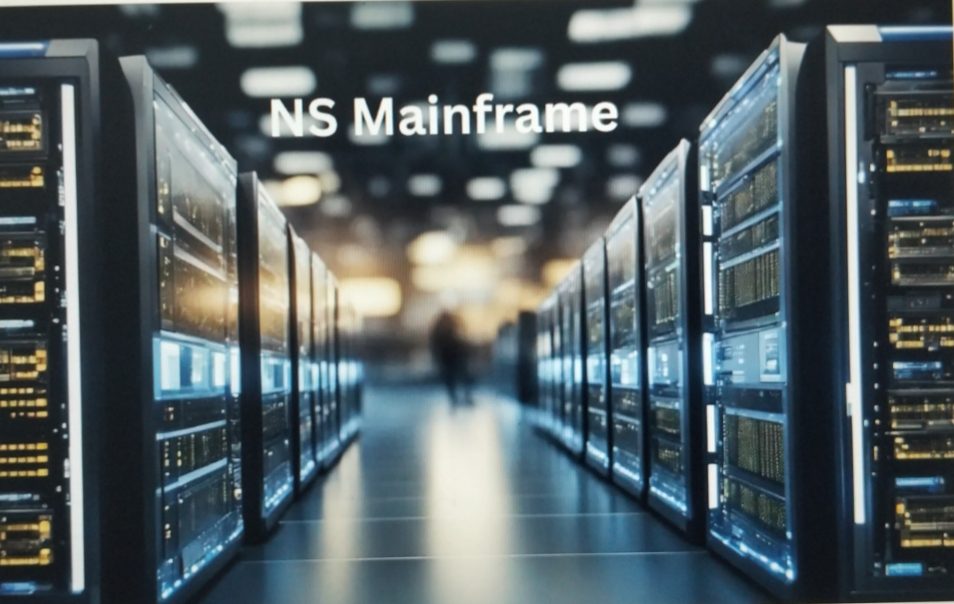 A professional data center hallway with rows of server racks labeled "NS Mainframe".