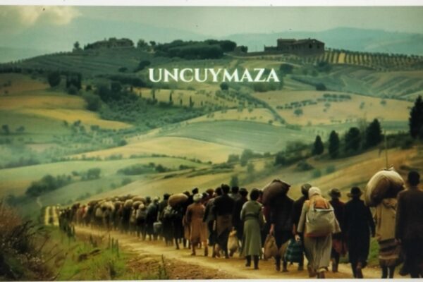 A scenic painting of people walking through a green landscape with the text "UNCUYMARA".