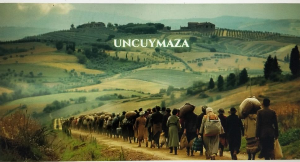 A scenic painting of people walking through a green landscape with the text "UNCUYMARA".