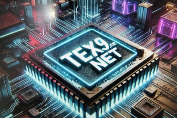 A close-up of a CPU chip on a motherboard with the branding "TEX9.NET".