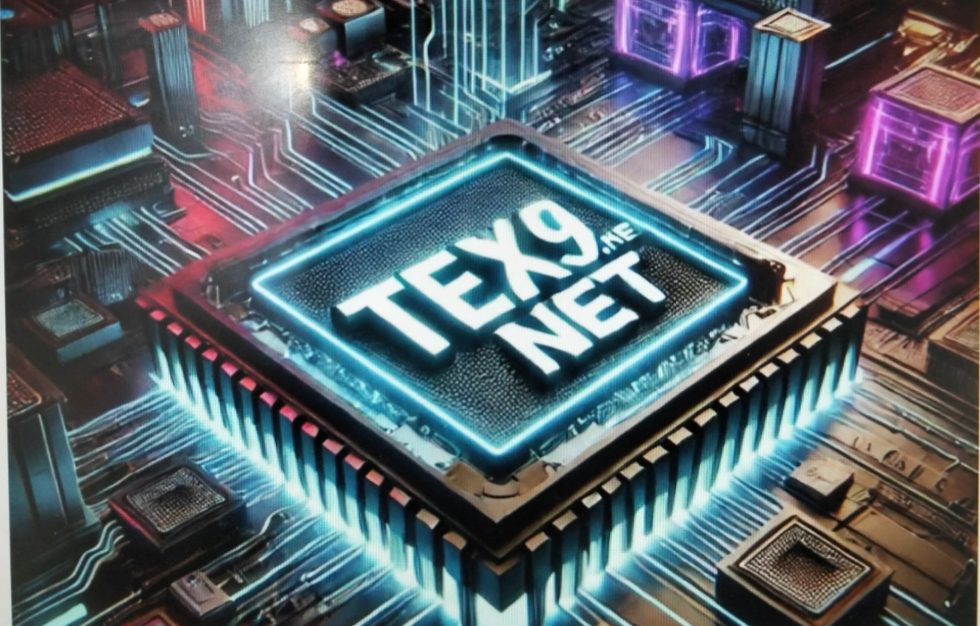 A close-up of a CPU chip on a motherboard with the branding "TEX9.NET".