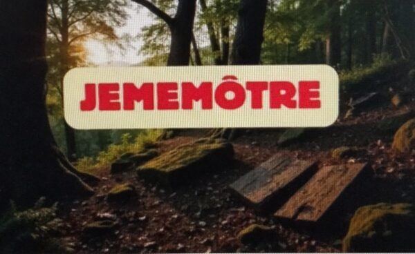 A red sign with white text that reads "JEMEMÔTRE" on a textured background.