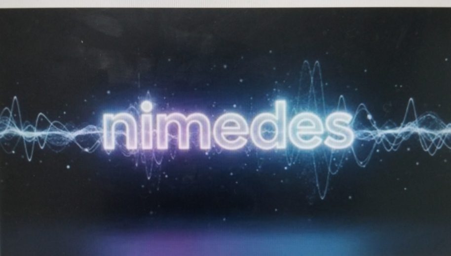 The word "nimedes" written in a glowing blue and white neon font.