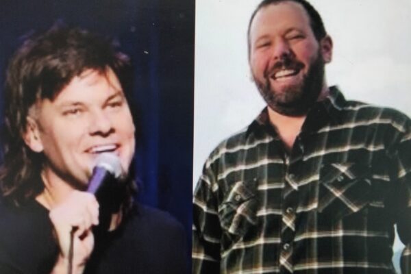 A split photo of a man with a microphone and a man in a plaid shirt.