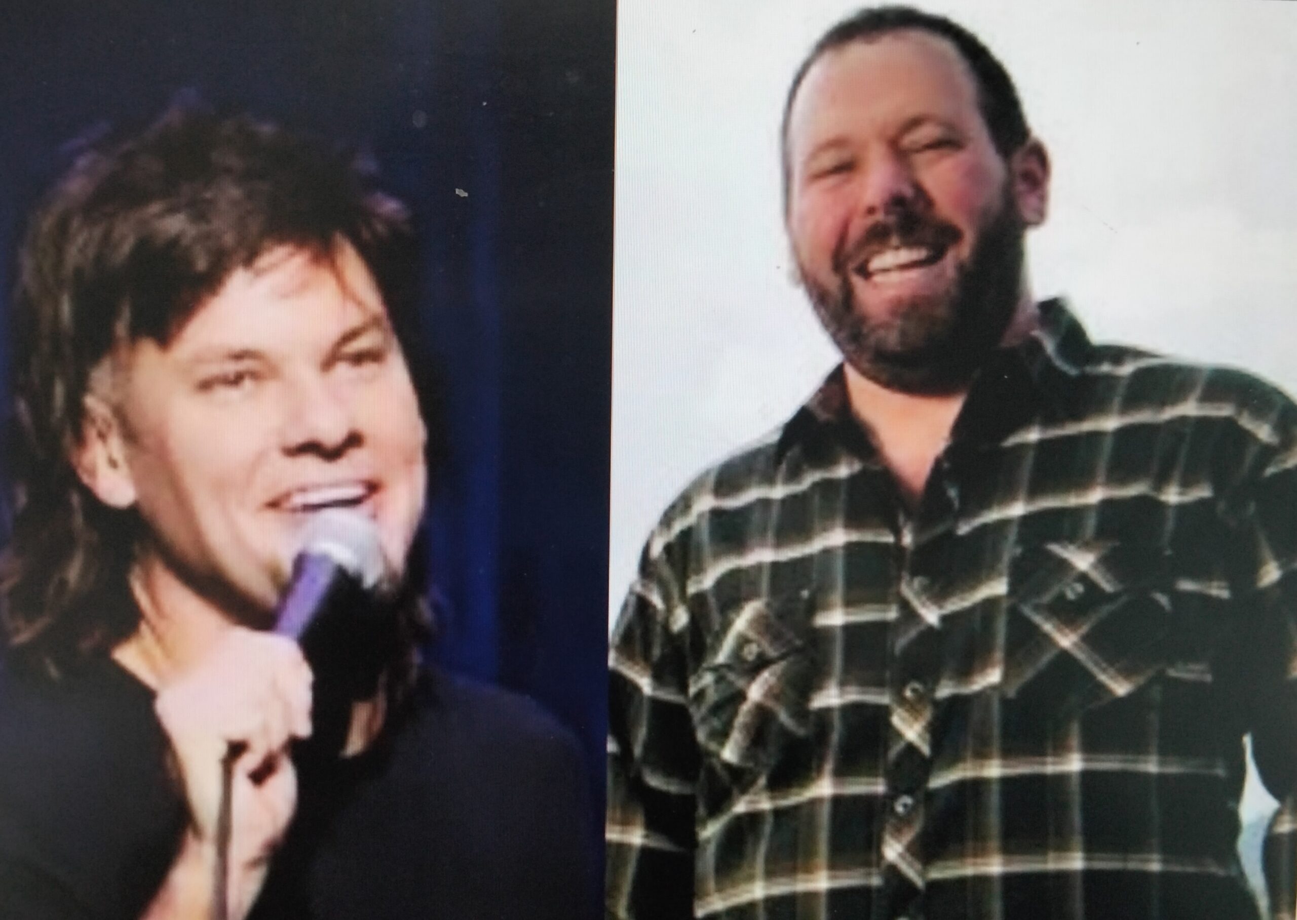 A split photo of a man with a microphone and a man in a plaid shirt.