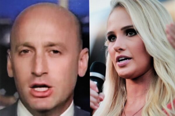 A split photo showing a man's face and a blonde woman speaking.