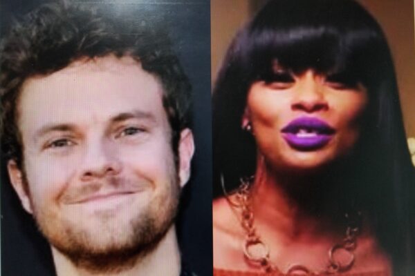 A split photo showing a man and a woman with purple lipstick.