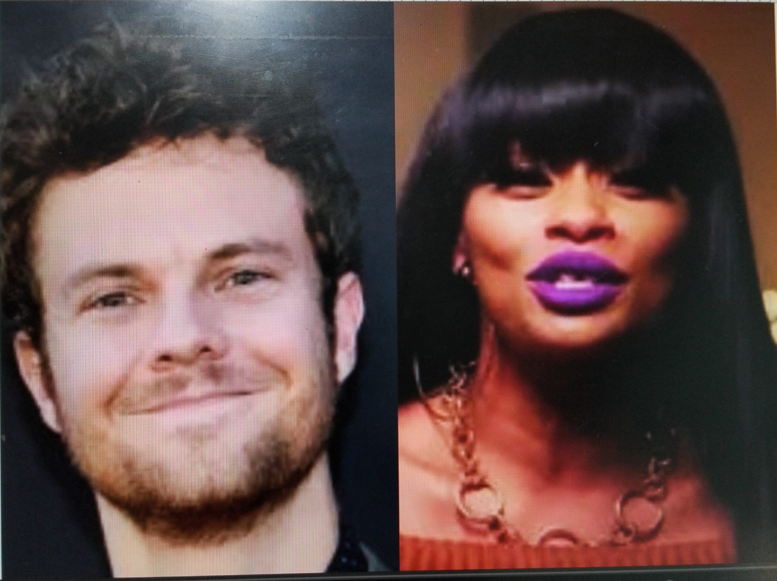A split photo showing a man and a woman with purple lipstick.