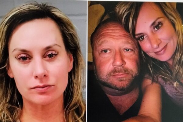 A split photo of Alex Jones and a woman.
