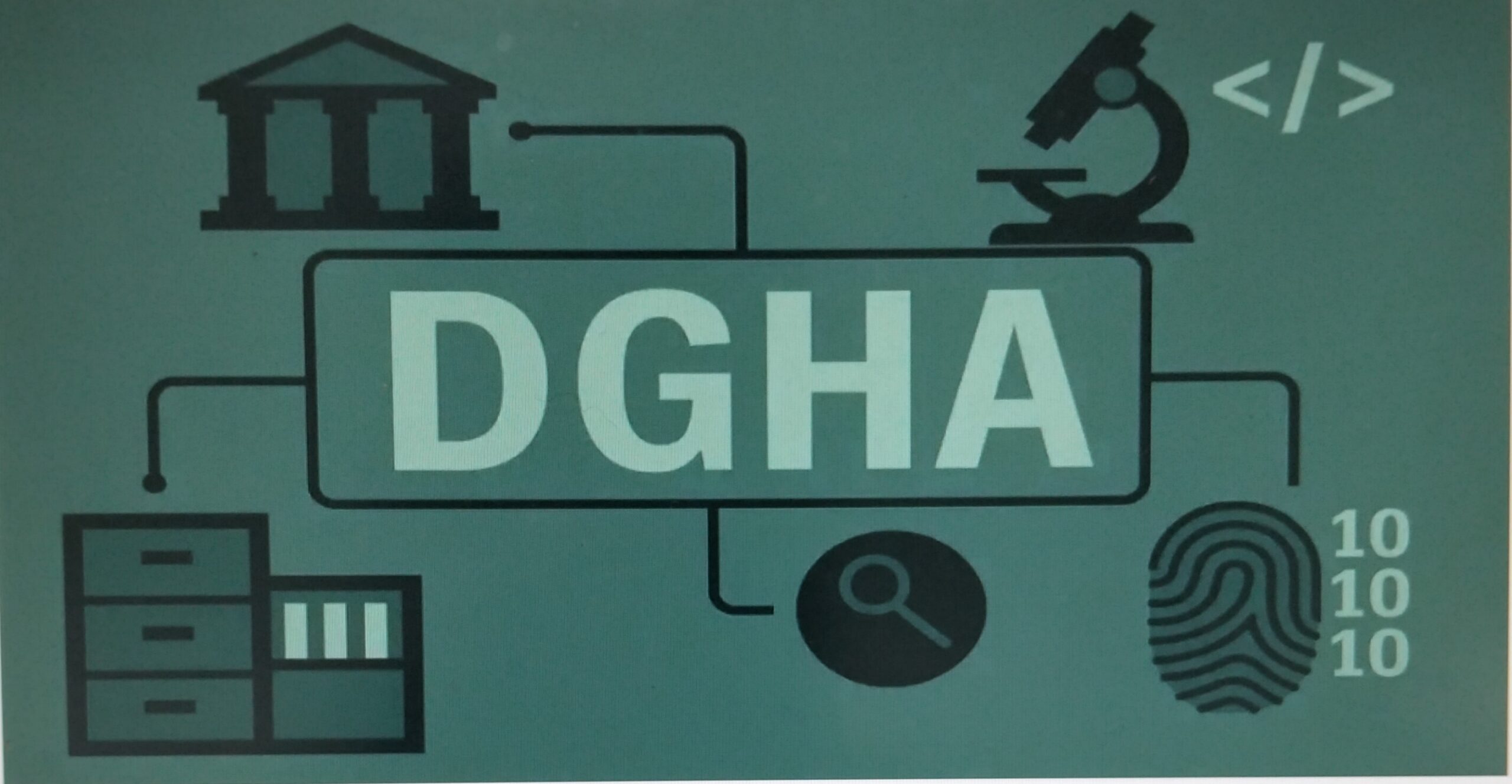 A green box with the letters "DGHA" and a magnifying glass icon.