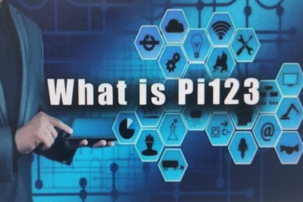 A blue digital background with hexagonal icons and the text "What is Pi123".