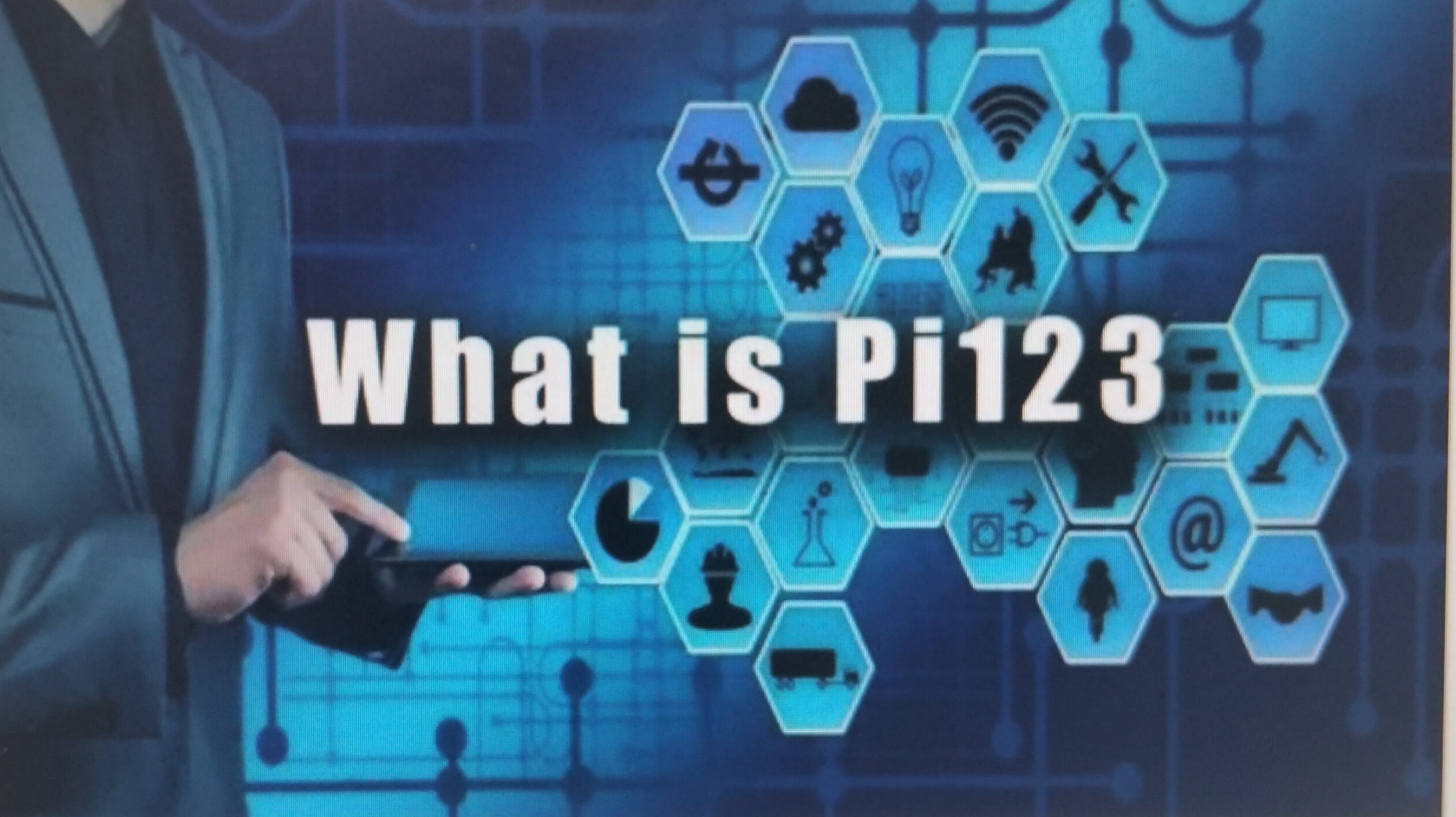 A blue digital background with hexagonal icons and the text "What is Pi123".