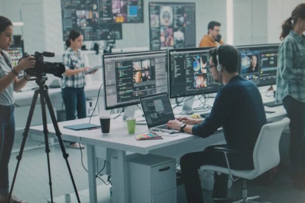 People working at computers in a modern office environment.