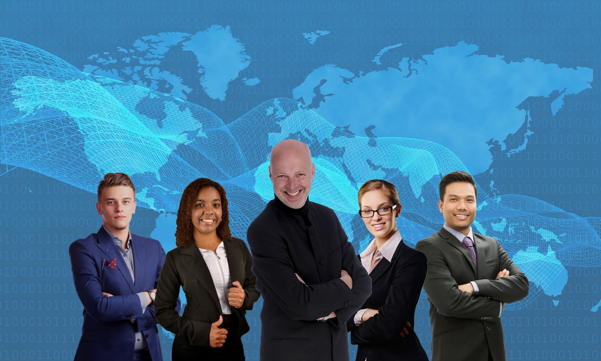 A group of diverse professionals standing together against a blue globe background.