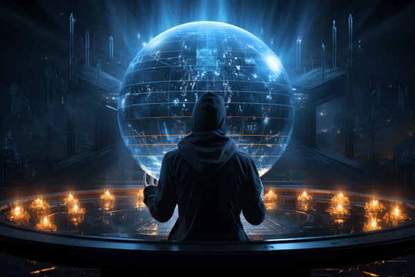 A silhouette of a person looking at a glowing holographic globe.