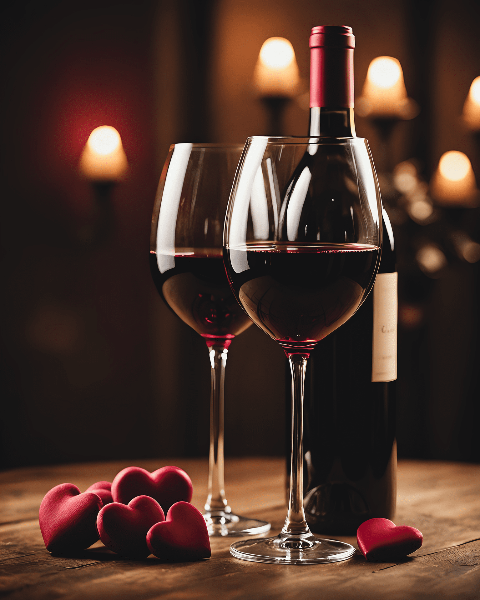Two glasses of red wine standing on a table in a dimly lit room.
