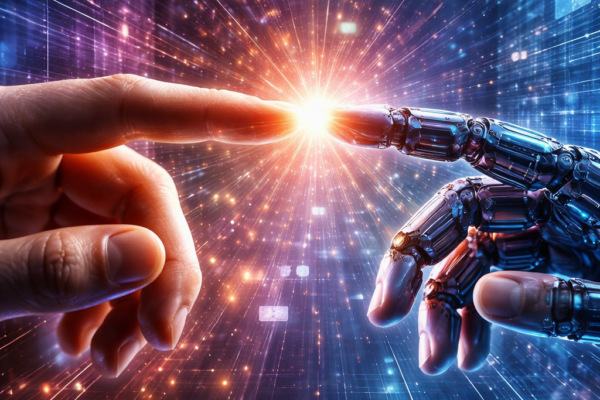 A human hand and a robotic hand reaching out to touch each other with a light spark.