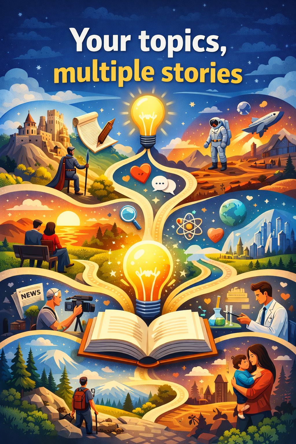 A colorful, surreal illustration of a brain, lightbulb, and books.