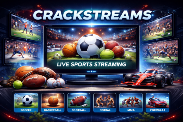 A sports streaming graphic showing various balls (soccer, basketball) and "Crackstreams" text.