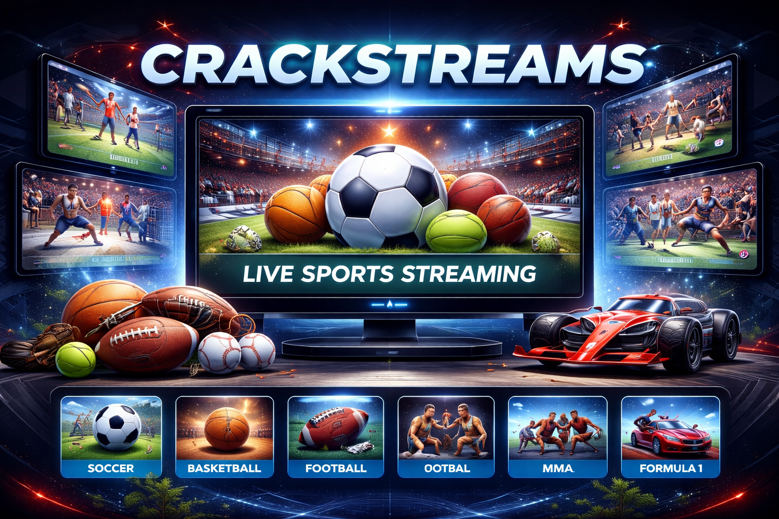 A sports streaming graphic showing various balls (soccer, basketball) and "Crackstreams" text.