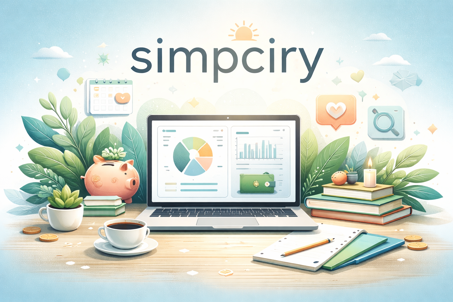 An illustration of a laptop showing charts, surrounded by coffee and stationery.