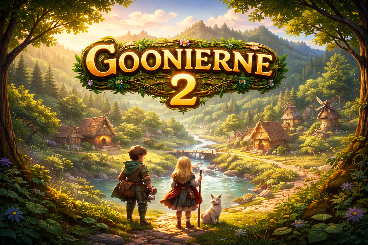 A fantasy-style poster showing children in a lush green valley titled "Goonierne 2".