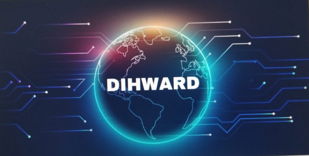 A digital globe surrounded by a neon ring with the text "DIHWARD".