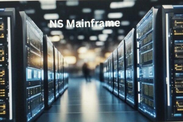 A professional data center hallway with rows of server racks labeled "NS Mainframe".
