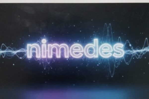 The word "nimedes" written in a glowing blue and white neon font.