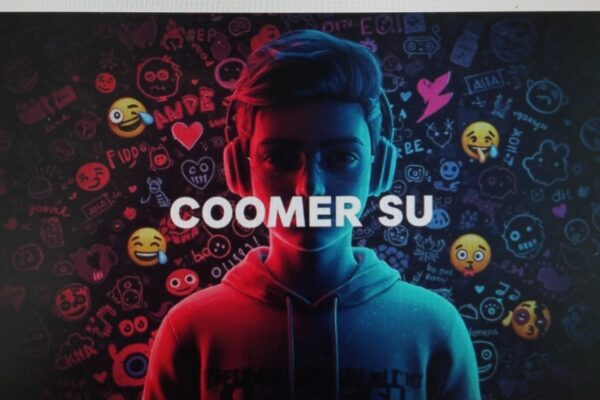 A neon-style portrait of a person with the text "COOMER SU".