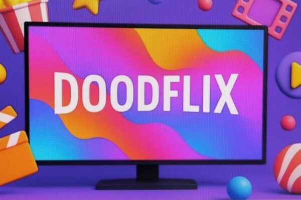 A colorful logo on a monitor screen that reads "DOODFLIX".