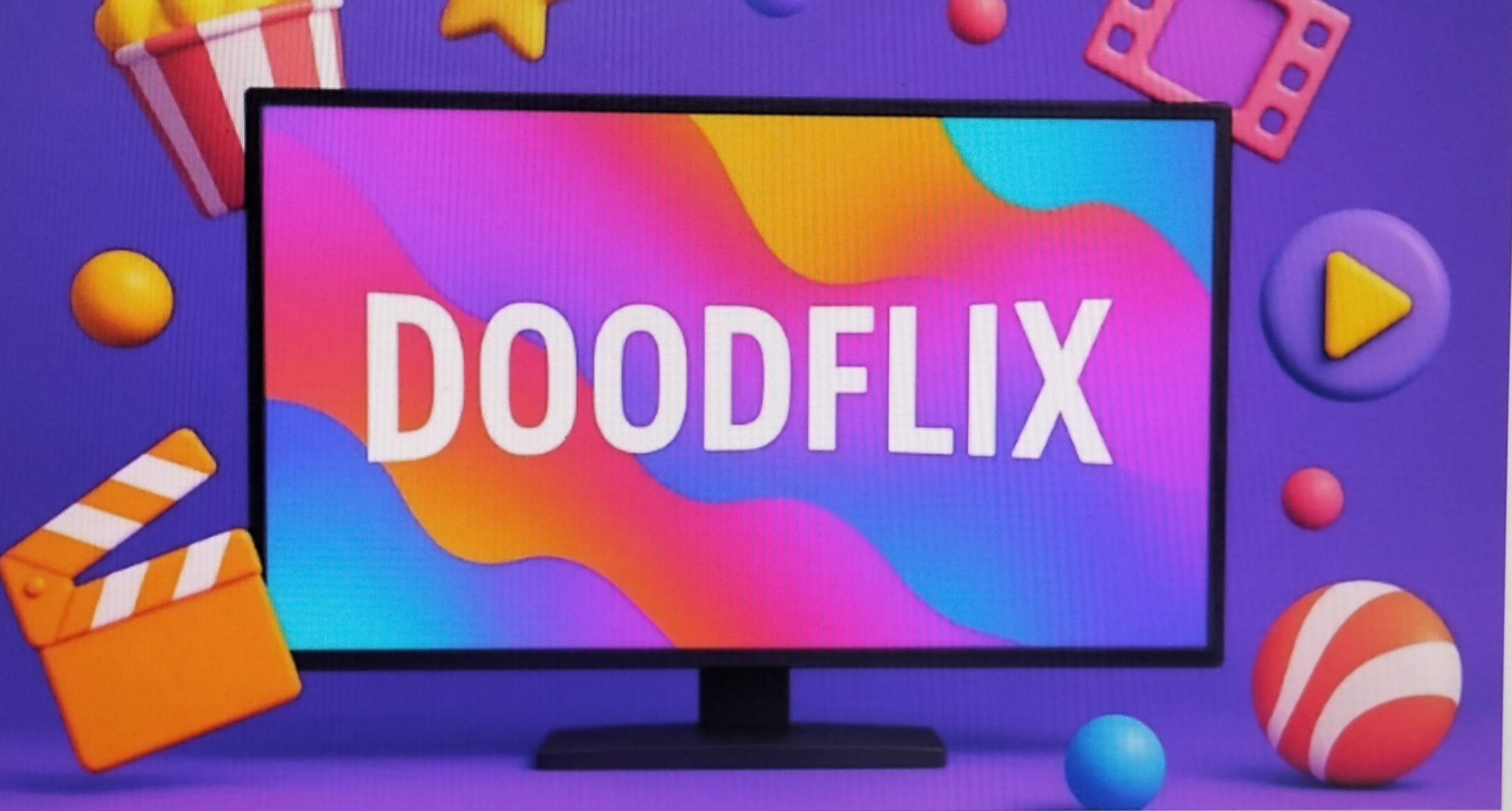 A colorful logo on a monitor screen that reads "DOODFLIX".