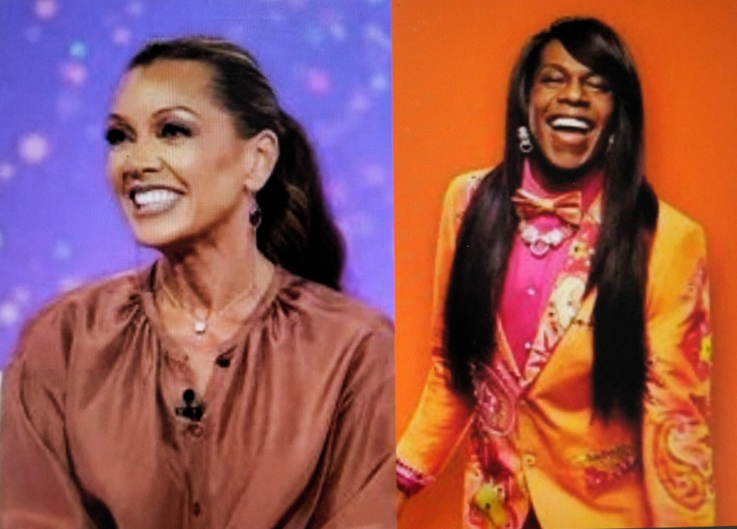Two women smiling and talking on a brightly colored television set.