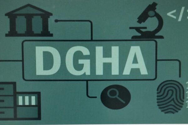 A green box with the letters "DGHA" and a magnifying glass icon.