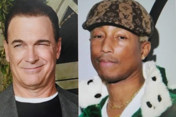 A split-screen image of Pharrell Williams and another man.